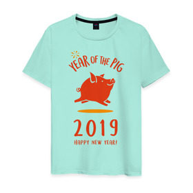 Мужская футболка хлопок с принтом Год Свиньи в Белгороде, 100% хлопок | прямой крой, круглый вырез горловины, длина до линии бедер, слегка спущенное плечо. | 2019 | дед мороз | дом | елка | желание | животные | зима | кабан | милый | мороз | настроение | новый год | пеппа | подарок | позитив | поросенок | праздник | радость | рождество | салют | санта клаус