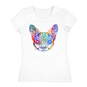 Женская футболка хлопок с принтом Разноцветная мордашка кота в Белгороде, 100% хлопок | прямой крой, круглый вырез горловины, длина до линии бедер, слегка спущенное плечо | большие уши | гипно кот | кот | котик | кошка | лицо | уши | ушной | цветная