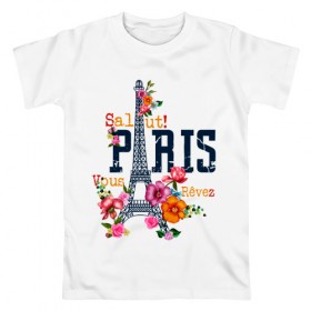 Мужская футболка хлопок с принтом Salut PARIS в Белгороде, 100% хлопок | прямой крой, круглый вырез горловины, длина до линии бедер, слегка спущенное плечо. | paris | башня | париж | салют | франция | французская | цветочки | цветы | эйфелева башня | эйфелевая башня