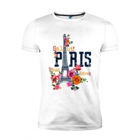 Мужская футболка премиум с принтом Salut PARIS в Белгороде, 92% хлопок, 8% лайкра | приталенный силуэт, круглый вырез ворота, длина до линии бедра, короткий рукав | paris | башня | париж | салют | франция | французская | цветочки | цветы | эйфелева башня | эйфелевая башня