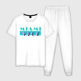 Мужская пижама хлопок с принтом Miami Vice Series в Белгороде, 100% хлопок | брюки и футболка прямого кроя, без карманов, на брюках мягкая резинка на поясе и по низу штанин
 | 80s | miamivice | retro | retrowave | synthwave