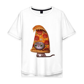 Мужская футболка хлопок Oversize с принтом Котенок - пицца в Белгороде, 100% хлопок | свободный крой, круглый ворот, “спинка” длиннее передней части | Тематика изображения на принте: арт | грибы | колбаса | котенок | кусок | пицца | рисунок | тесто