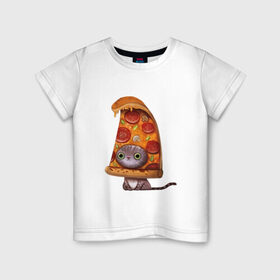Детская футболка хлопок с принтом Котенок - пицца в Белгороде, 100% хлопок | круглый вырез горловины, полуприлегающий силуэт, длина до линии бедер | арт | грибы | колбаса | котенок | кусок | пицца | рисунок | тесто