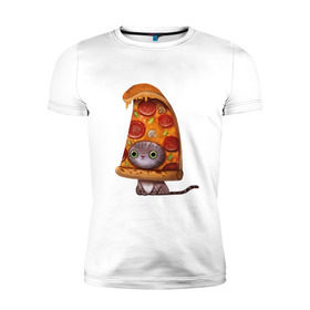 Мужская футболка премиум с принтом Котенок - пицца в Белгороде, 92% хлопок, 8% лайкра | приталенный силуэт, круглый вырез ворота, длина до линии бедра, короткий рукав | арт | грибы | колбаса | котенок | кусок | пицца | рисунок | тесто