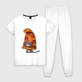Женская пижама хлопок с принтом Котенок - пицца в Белгороде, 100% хлопок | брюки и футболка прямого кроя, без карманов, на брюках мягкая резинка на поясе и по низу штанин | арт | грибы | колбаса | котенок | кусок | пицца | рисунок | тесто