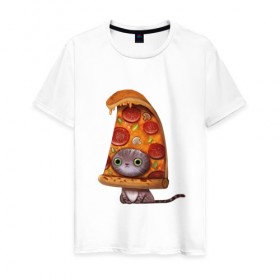Мужская футболка хлопок с принтом Котенок - пицца в Белгороде, 100% хлопок | прямой крой, круглый вырез горловины, длина до линии бедер, слегка спущенное плечо. | Тематика изображения на принте: арт | грибы | колбаса | котенок | кусок | пицца | рисунок | тесто