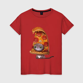 Женская футболка хлопок с принтом Котенок - пицца в Белгороде, 100% хлопок | прямой крой, круглый вырез горловины, длина до линии бедер, слегка спущенное плечо | арт | грибы | колбаса | котенок | кусок | пицца | рисунок | тесто