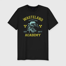 Мужская футболка премиум с принтом Fallout в Белгороде, 92% хлопок, 8% лайкра | приталенный силуэт, круглый вырез ворота, длина до линии бедра, короткий рукав | fallout | shelter | vault | wasteland | wasteland academy | игры | компьютерные игры | фолаут | фоллаут