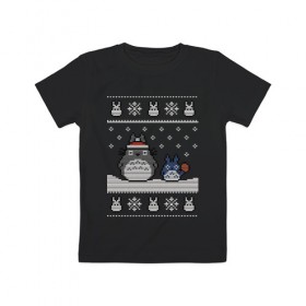 Детская футболка хлопок с принтом New Year Totoro в Белгороде, 100% хлопок | круглый вырез горловины, полуприлегающий силуэт, длина до линии бедер | 2019 | дед мороз | дом | елка | желание | животные | зима | кабан | милый | мороз | настроение | новый год | пеппа | подарок | позитив | поросенок | праздник | радость | рождество | санта клаус | свинка