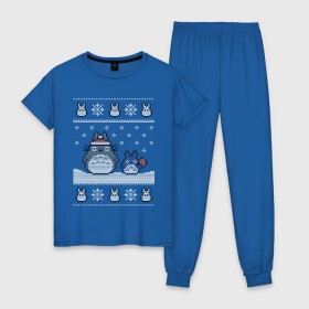 Женская пижама хлопок с принтом New Year Totoro в Белгороде, 100% хлопок | брюки и футболка прямого кроя, без карманов, на брюках мягкая резинка на поясе и по низу штанин | 2019 | дед мороз | дом | елка | желание | животные | зима | кабан | милый | мороз | настроение | новый год | пеппа | подарок | позитив | поросенок | праздник | радость | рождество | санта клаус | свинка