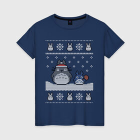 Женская футболка хлопок с принтом New Year Totoro в Белгороде, 100% хлопок | прямой крой, круглый вырез горловины, длина до линии бедер, слегка спущенное плечо | 2019 | дед мороз | дом | елка | желание | животные | зима | кабан | милый | мороз | настроение | новый год | пеппа | подарок | позитив | поросенок | праздник | радость | рождество | санта клаус | свинка