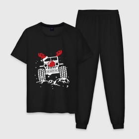 Мужская пижама хлопок с принтом Новогодний внедорожник в Белгороде, 100% хлопок | брюки и футболка прямого кроя, без карманов, на брюках мягкая резинка на поясе и по низу штанин
 | 