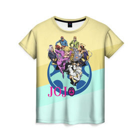 Женская футболка 3D с принтом JOJO в Белгороде, 100% полиэфир ( синтетическое хлопкоподобное полотно) | прямой крой, круглый вырез горловины, длина до линии бедер | adventure | anime | bizzare | jo jo | jojo | logo | manga | аниме | араки | ахегао | джо | джо джо | джоджо | жижа | жожа | жожо | йойо | лого | манга | мульт | мультфильм | отаку | сериал | символ | хирохико | юри | яой