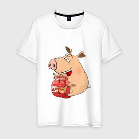 Мужская футболка хлопок с принтом Свинка ест вишневое варенье в Белгороде, 100% хлопок | прямой крой, круглый вырез горловины, длина до линии бедер, слегка спущенное плечо. | Тематика изображения на принте: 2019 | варенье | вишня | ложка | поросенок | пятачок | свин | свинка | свинья | символгода | уши | хвост