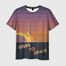 Мужская футболка 3D с принтом STEPS TO SPACE в Белгороде, 100% полиэфир | прямой крой, круглый вырез горловины, длина до линии бедер | elon musk | falcon 9 | spacex | илон маск | ступень ракеты