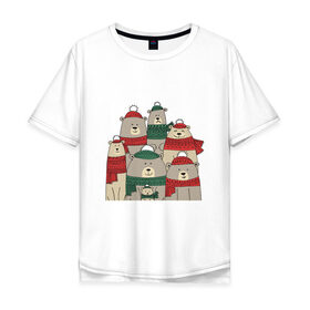 Мужская футболка хлопок Oversize с принтом Зимние мишки в Белгороде, 100% хлопок | свободный крой, круглый ворот, “спинка” длиннее передней части | 2019 | bear | дед мороз | елка | желание | животные | зима | кабан | лес | медведь | милый | мишка | мороз | настроение | новый год | подарок | поз | поросенок | праздник | радость | санта клаус | свинка | свинья