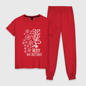 Женская пижама хлопок с принтом Merry Christmas в Белгороде, 100% хлопок | брюки и футболка прямого кроя, без карманов, на брюках мягкая резинка на поясе и по низу штанин | 