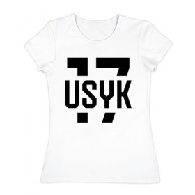 Женская футболка хлопок с принтом USYK 17 в Белгороде, 100% хлопок | прямой крой, круглый вырез горловины, длина до линии бедер, слегка спущенное плечо | usyk | wbc | боец | бокс | боксер | украина | усик | чемпион