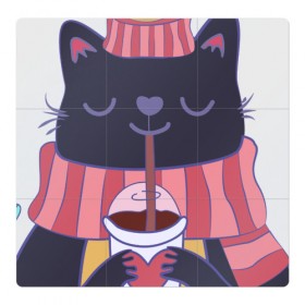 Магнитный плакат 3Х3 с принтом Зима - это кофе в Белгороде, Полимерный материал с магнитным слоем | 9 деталей размером 9*9 см | Тематика изображения на принте: cat | coffee | kitty | зима | зимний | кот | котенок | котик | котики | котэ | кофе | кофейный | кошка | кружка | сердечко | сердце | теплый | шапочка