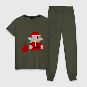 Женская пижама хлопок с принтом Pixel Santa в Белгороде, 100% хлопок | брюки и футболка прямого кроя, без карманов, на брюках мягкая резинка на поясе и по низу штанин | 8 bit | 8 бит | 8bit | geek | oldschool | pixel | santa | santa claus | дед мороз | игра | олдскул | пиксель | пиксельный | санта | санта клаус