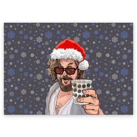 Поздравительная открытка с принтом Лебовски Санта в Белгороде, 100% бумага | плотность бумаги 280 г/м2, матовая, на обратной стороне линовка и место для марки
 | balls | big lebowski | bowling | film | happy christmas | movie | santa claus | skittles | большой лебовски | боулинг | дед мороз | кегли | кино | колпак | красная шапка | новый год | праздник | рождество | с новым годом | санта клаус