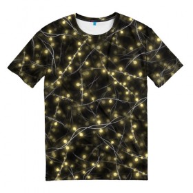 Мужская футболка 3D с принтом Новогодняя гирлянда в Белгороде, 100% полиэфир | прямой крой, круглый вырез горловины, длина до линии бедер | Тематика изображения на принте: желтый | лампочки | новый год | огни | огоньки | провода | свет | черный | электрогирлянда