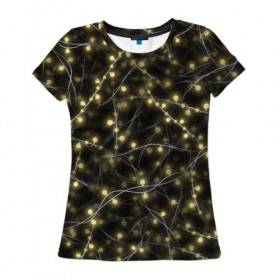 Женская футболка 3D с принтом Новогодняя гирлянда в Белгороде, 100% полиэфир ( синтетическое хлопкоподобное полотно) | прямой крой, круглый вырез горловины, длина до линии бедер | желтый | лампочки | новый год | огни | огоньки | провода | свет | черный | электрогирлянда