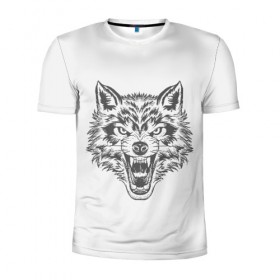 Мужская футболка 3D спортивная с принтом Свирепый волк в Белгороде, 100% полиэстер с улучшенными характеристиками | приталенный силуэт, круглая горловина, широкие плечи, сужается к линии бедра | Тематика изображения на принте: волк | опасное лицо | свирепость | свирепый | суровый взгляд | хищная рожа | хищник