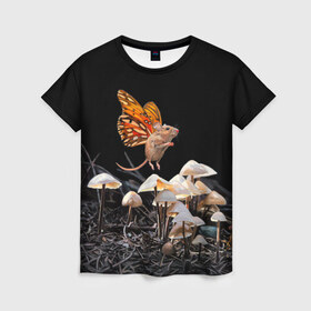 Женская футболка 3D с принтом Hover в Белгороде, 100% полиэфир ( синтетическое хлопкоподобное полотно) | прямой крой, круглый вырез горловины, длина до линии бедер | chipmunk | lisa ericson | бабочка | грибы | мышка | мышь
