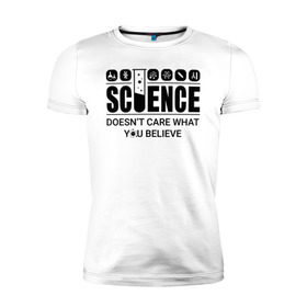 Мужская футболка премиум с принтом Science (light) в Белгороде, 92% хлопок, 8% лайкра | приталенный силуэт, круглый вырез ворота, длина до линии бедра, короткий рукав | science | атом | днк | измерение | исследование | медицина | микроскоп | наука | опыт | пробирка | студент | учёные