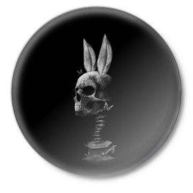 Значок с принтом Зая в Белгороде,  металл | круглая форма, металлическая застежка в виде булавки | бабочки | животные | зая | заяц | кости | кролик | череп | черно белый | черное и белое