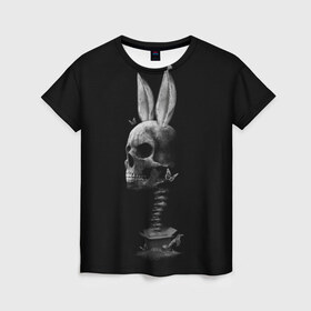Женская футболка 3D с принтом Зая в Белгороде, 100% полиэфир ( синтетическое хлопкоподобное полотно) | прямой крой, круглый вырез горловины, длина до линии бедер | Тематика изображения на принте: бабочки | животные | зая | заяц | кости | кролик | череп | черно белый | черное и белое