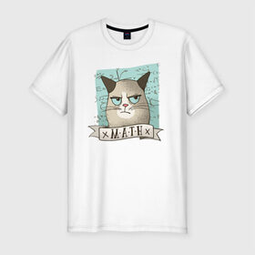 Мужская футболка премиум с принтом Котик не любит Математику в Белгороде, 92% хлопок, 8% лайкра | приталенный силуэт, круглый вырез ворота, длина до линии бедра, короткий рукав | Тематика изображения на принте: алгебра | геометрия | кот | котик | котэ | кошка | математика