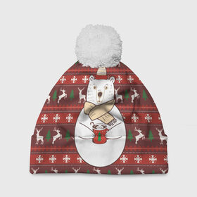 Шапка 3D c помпоном с принтом Новогодний мишка с кофе в Белгороде, 100% полиэстер | универсальный размер, печать по всей поверхности изделия | 2019 | белый | белыймедведь | вязанный | зефирки | зимний | кофе | медведь | мишка | новыйгод | олени | свитерсоленями | шарф