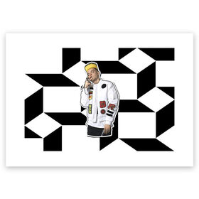 Поздравительная открытка с принтом Сайонара бой в Белгороде, 100% бумага | плотность бумаги 280 г/м2, матовая, на обратной стороне линовка и место для марки
 | Тематика изображения на принте: 3d | sayonara boy | группа | квадратики | кубики | лого | логотип | морген | музыка | русский реп | сайонара | элджей