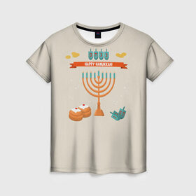 Женская футболка 3D с принтом Hanukkah в Белгороде, 100% полиэфир ( синтетическое хлопкоподобное полотно) | прямой крой, круглый вырез горловины, длина до линии бедер | hanukkah | израиль | подсвечник | праздник | свечи | счастливого | ханука