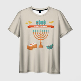Мужская футболка 3D с принтом Hanukkah в Белгороде, 100% полиэфир | прямой крой, круглый вырез горловины, длина до линии бедер | Тематика изображения на принте: hanukkah | израиль | подсвечник | праздник | свечи | счастливого | ханука