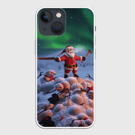 Чехол для iPhone 13 mini с принтом Дед мороз и снеговики зомби в Белгороде,  |  | Тематика изображения на принте: claus | santa | апокалипсис | зомби | рождество | ружьё | санта | санта клаус | снег | снеговик | топор