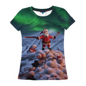 Женская футболка 3D с принтом Дед мороз и снеговики-зомби в Белгороде, 100% полиэфир ( синтетическое хлопкоподобное полотно) | прямой крой, круглый вырез горловины, длина до линии бедер | claus | santa | апокалипсис | зомби | рождество | ружьё | санта | санта клаус | снег | снеговик | топор