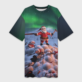 Платье-футболка 3D с принтом Дед мороз и снеговики зомби в Белгороде,  |  | Тематика изображения на принте: claus | santa | апокалипсис | зомби | рождество | ружьё | санта | санта клаус | снег | снеговик | топор