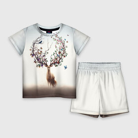 Детский костюм с шортами 3D с принтом Олень с ветвями вместо рог в Белгороде,  |  | бабочка | волшебство | деревья | лес | листья | оленёнок | природа | птица | сказка | фрукты | цветы