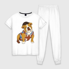 Женская пижама хлопок с принтом Британский Бульдог в Белгороде, 100% хлопок | брюки и футболка прямого кроя, без карманов, на брюках мягкая резинка на поясе и по низу штанин | Тематика изображения на принте: bulldog | бульдог | собака | собаки