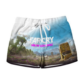 Женские шорты 3D с принтом FAR CRY NEW DAWN в Белгороде, 100% полиэстер | прямой крой, два кармана без застежек по бокам. Мягкая трикотажная резинка на поясе, внутри которой широкие завязки. Длина до середины бедра | action | far cry | far cry new dawn | game | gamer | montana | player | shooter | usa | врата эдема | знак | игра | культ | секта | символ | символика | шутер | эдем