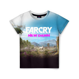 Детская футболка 3D с принтом FAR CRY NEW DAWN в Белгороде, 100% гипоаллергенный полиэфир | прямой крой, круглый вырез горловины, длина до линии бедер, чуть спущенное плечо, ткань немного тянется | Тематика изображения на принте: action | far cry | far cry new dawn | game | gamer | montana | player | shooter | usa | врата эдема | знак | игра | культ | секта | символ | символика | шутер | эдем