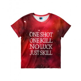 Детская футболка 3D с принтом One Shot One Kill в Белгороде, 100% гипоаллергенный полиэфир | прямой крой, круглый вырез горловины, длина до линии бедер, чуть спущенное плечо, ткань немного тянется | Тематика изображения на принте: counter strike. one shot | cs go | csgo | game | one kill | ван шот | красный | лого | надпись | текст