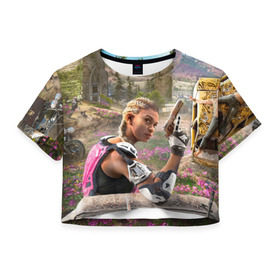 Женская футболка 3D укороченная с принтом Far Cry New Dawn в Белгороде, 100% полиэстер | круглая горловина, длина футболки до линии талии, рукава с отворотами | 