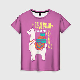 Женская футболка 3D с принтом Lama в Белгороде, 100% полиэфир ( синтетическое хлопкоподобное полотно) | прямой крой, круглый вырез горловины, длина до линии бедер | glama | lama | анд | горы | дикое | домашнее | животное | индейци | лама | мех | шерсть