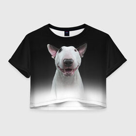 Женская футболка 3D укороченная с принтом Oh snap! в Белгороде, 100% полиэстер | круглая горловина, длина футболки до линии талии, рукава с отворотами | Тематика изображения на принте: bull terrier | dog |   | бультерьер | собака