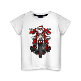 Детская футболка хлопок с принтом Санта на байке в Белгороде, 100% хлопок | круглый вырез горловины, полуприлегающий силуэт, длина до линии бедер | art | new year | santa | арт | байк | байкер | дед мороз | мороз | мотоцикл | на бацке | новогодний | новый год | рисунок | санта клаус