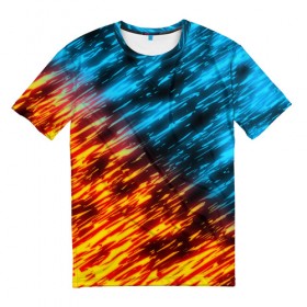 Мужская футболка 3D с принтом БИТВА СТИХИЙ в Белгороде, 100% полиэфир | прямой крой, круглый вырез горловины, длина до линии бедер | blue | bright | fire | heat | ice | light | orange | wildfire | битва огней | битва стихий | искры | огненный | огонь | оранжевый | пламя | пожар
